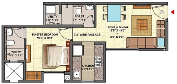 Floor plan of 1 BHK 398 Sq. Ft. Apartment in Lodha Palava Aquaville, Thane
