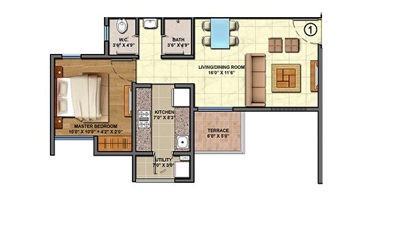 Floor plan of 1 BHK 508 Sq. Ft. Apartment in Lodha Palava Aquaville, Thane