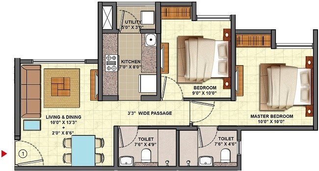 Floor plan of 2 BHK 527 Sq. Ft. Apartment in Lodha Palava Aquaville, Thane