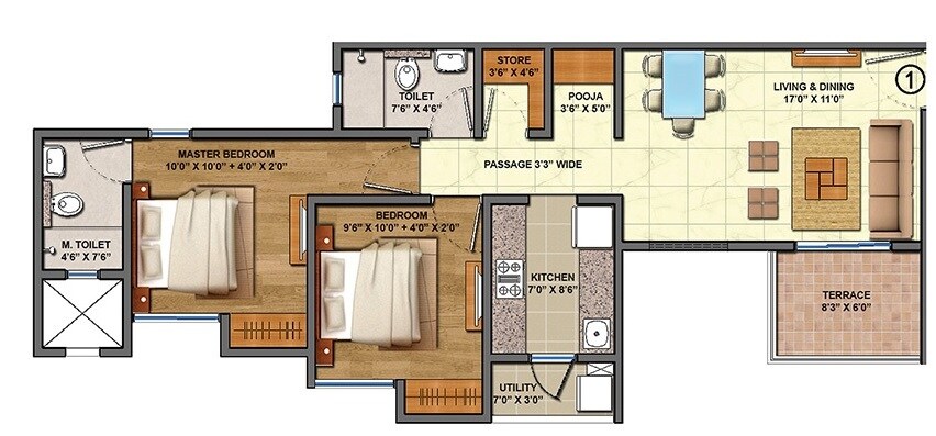 Floor plan of 2 BHK 569 Sq. Ft. Apartment in Lodha Palava Aquaville, Thane