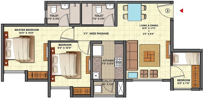 Floor plan of 3 BHK 642 Sq. Ft. Apartment in Lodha Palava Aquaville, Thane