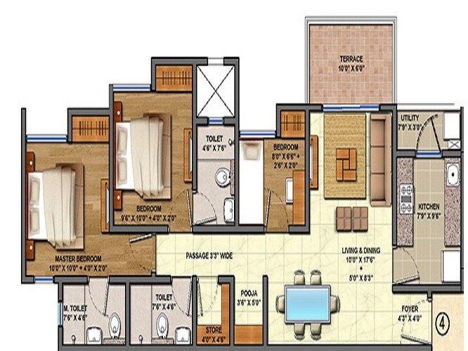 Floor plan of 3 BHK 860 Sq. Ft. Apartment in Lodha Palava Aquaville, Thane