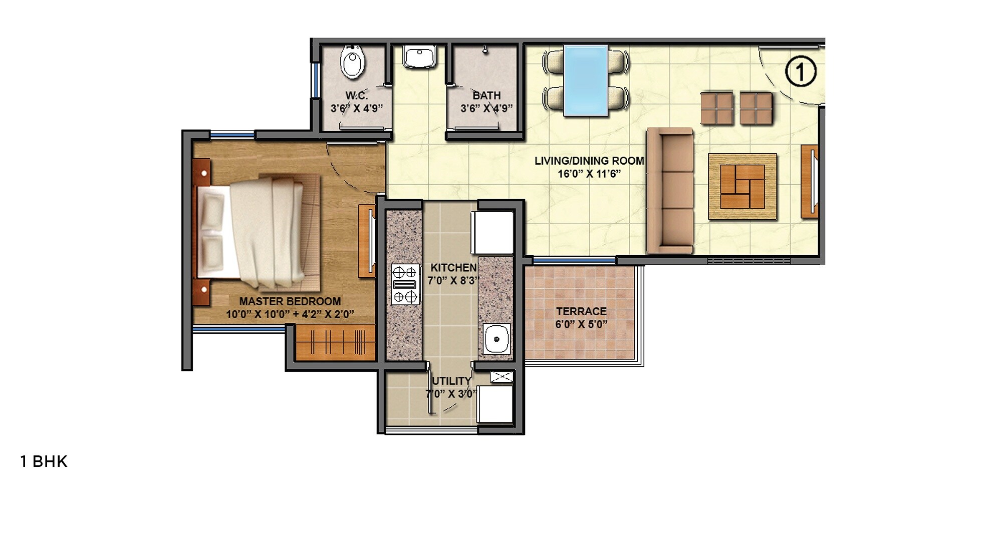 Floor plan of 1 BHK 334 Sq. Ft. Apartment in Lodha Palava City, Thane
