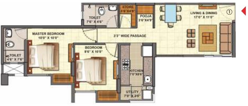 Floor plan of 2 BHK Apartment - 675 sq. ft. in Lodha Palava City Central Park, Thane