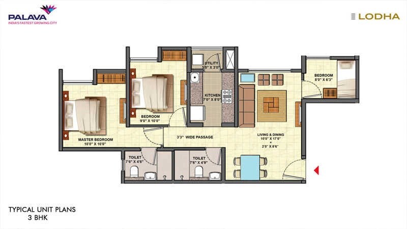 Floor plan of 3 BHK Apartment - 884 sq. ft. in Lodha Palava City Central Park, Thane