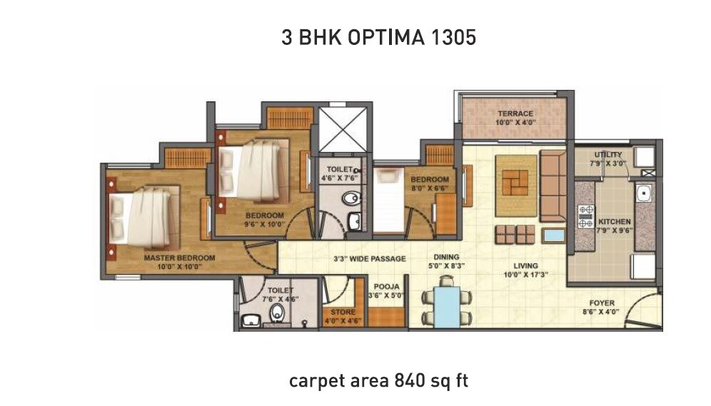 Floor plan of 3 BHK 1305 Sq. Ft. Apartment in Lodha Palava Codename Epic, Thane