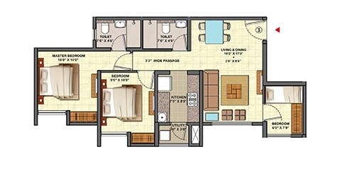 Floor plan of 3 BHK 992 Sq. Ft. Apartment in Lodha Palava Crown, Thane