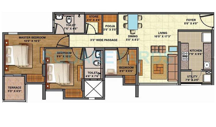 Floor plan of 3 BHK 1332 Sq. Ft. Apartment in Lodha Palava Downtown, Thane