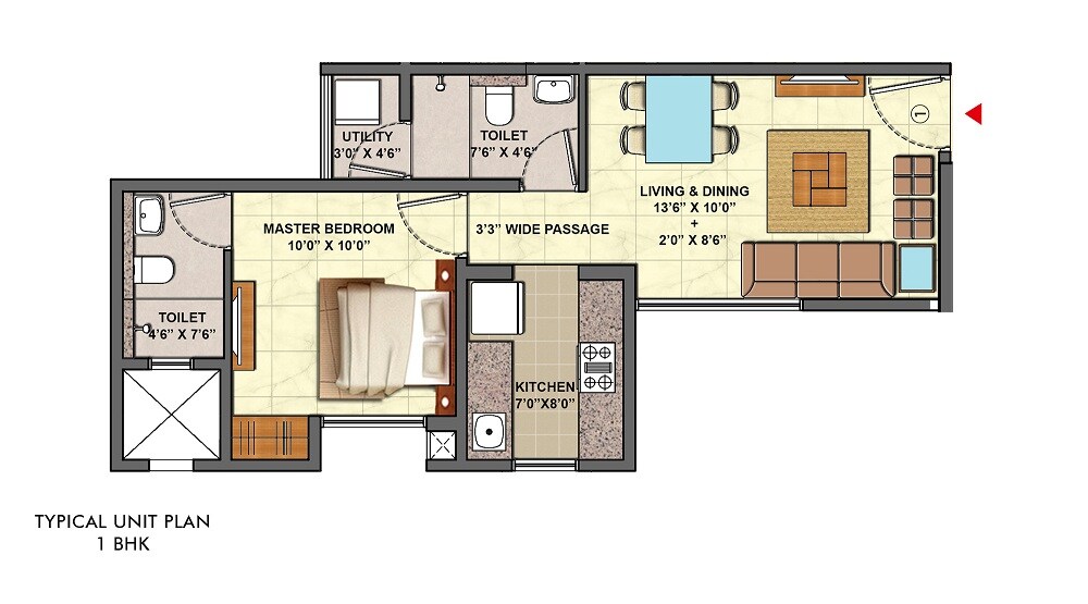 Floor plan of 1 BHK 505 Sq. Ft. Apartment in Lodha Palava Eviva K To T Urbano A C F and I To T, Thane