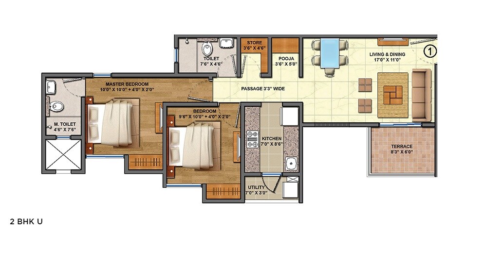 Floor plan of 2 BHK 555 Sq. Ft. Apartment in Lodha Palava Eviva K To T Urbano A C F and I To T, Thane