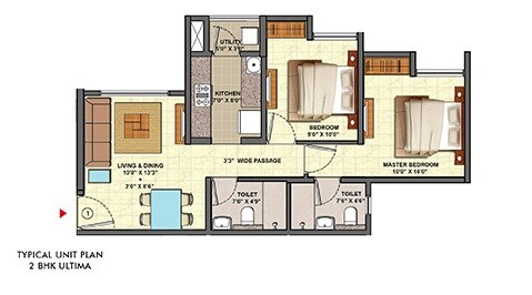Floor plan of 2 BHK 712 Sq. Ft. Apartment in Lodha Palava Eviva K To T Urbano A C F and I To T, Thane