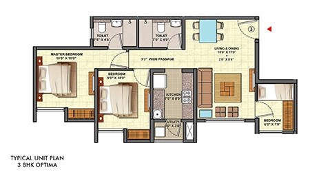 Floor plan of 3 BHK 926 Sq. Ft. Apartment in Lodha Palava Eviva K To T Urbano A C F and I To T, Thane