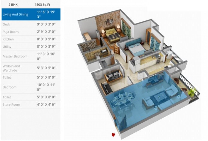 Floor plan of 2 BHK 960 Sq. Ft. Apartment in Lodha Palava Exotica, Thane