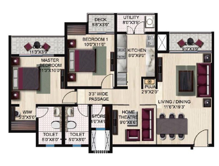 Floor plan of 2 BHK 969 Sq. Ft. Apartment in Lodha Palava Exotica, Thane