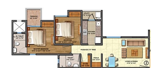 Floor plan of 2 BHK 590 Sq. Ft. Apartment in Lodha Palava Florencia A to D, Thane