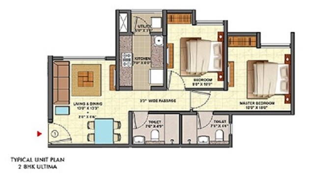 Floor plan of 2 BHK 569 Sq. Ft. Apartment in Lodha Palava Marvella A H, Thane