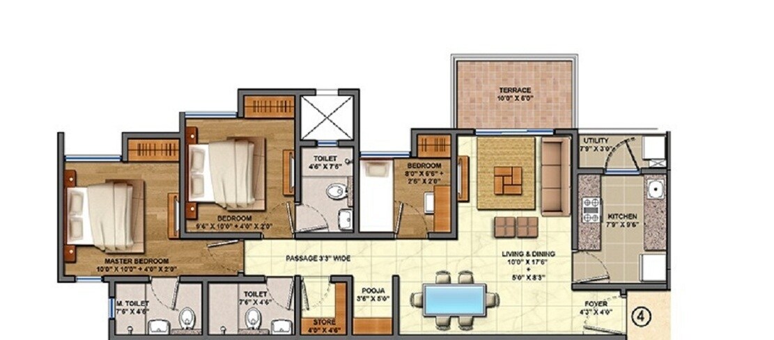 Floor plan of 3 BHK 809 Sq. Ft. Apartment in Lodha Palava Olivia C, Thane