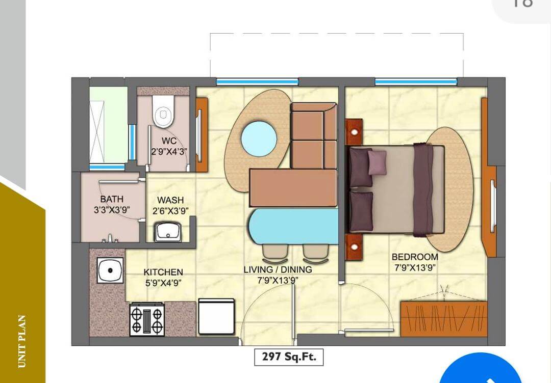 Floor plan of 1 BHK 297 Sq. Ft. Apartment in Lodha Golden Dream, Thane