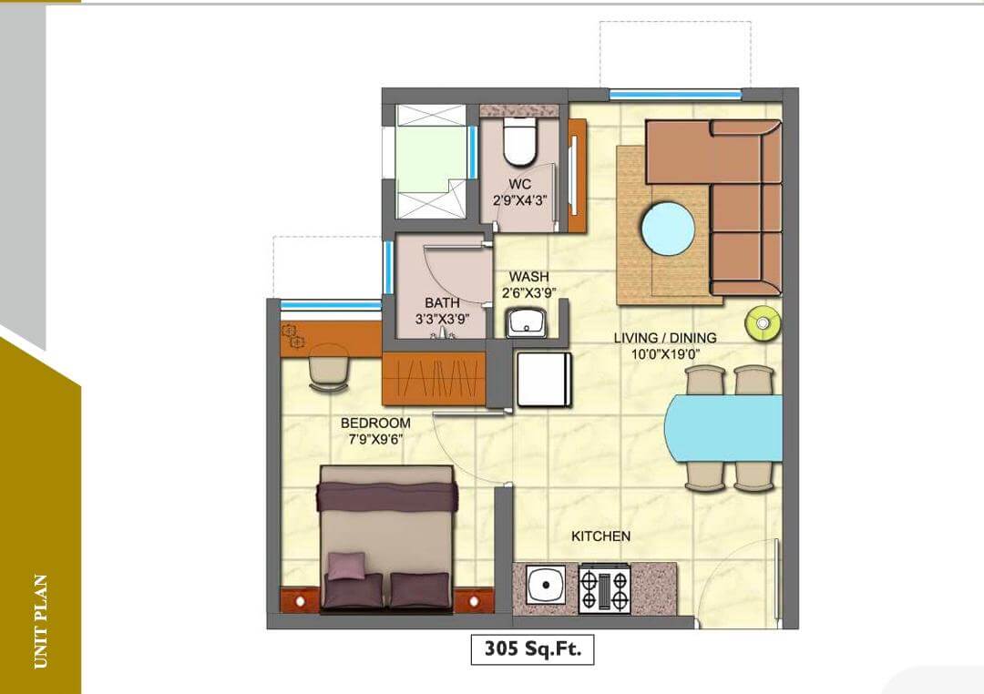 Floor plan of 1 BHK 305 Sq. Ft. Apartment in Lodha Golden Dream, Thane