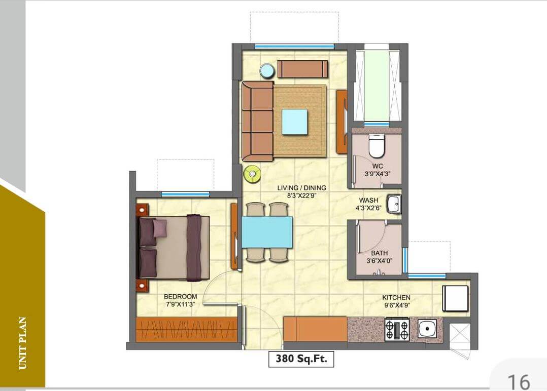 Floor plan of 1 BHK 380 Sq. Ft. Apartment in Lodha Golden Dream, Thane