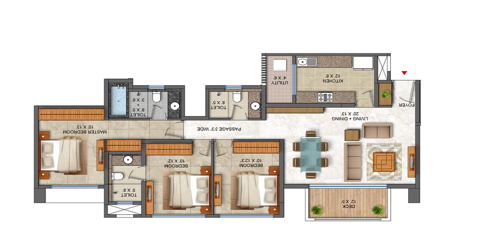 Floor plan of 3 BHK 1060 Sq. Ft. Apartment in Lodha Palava Trinity A To C, Thane
