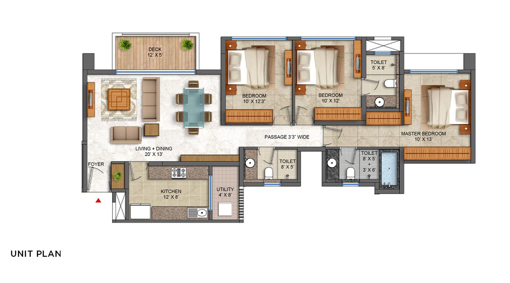 Floor plan of 3 BHK 1045 Sq. Ft. Apartment in Lodha Palava Trinity A To C, Thane