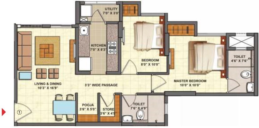 Floor plan of 2 BHK 569 Sq. Ft. Apartment in Lodha Palava Urbano G And H, Thane