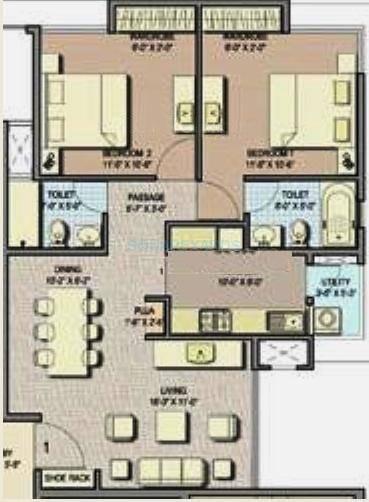 Floor plan of 2 BHK 770 Sq. Ft. Apartment in Lodha Paradise, Thane