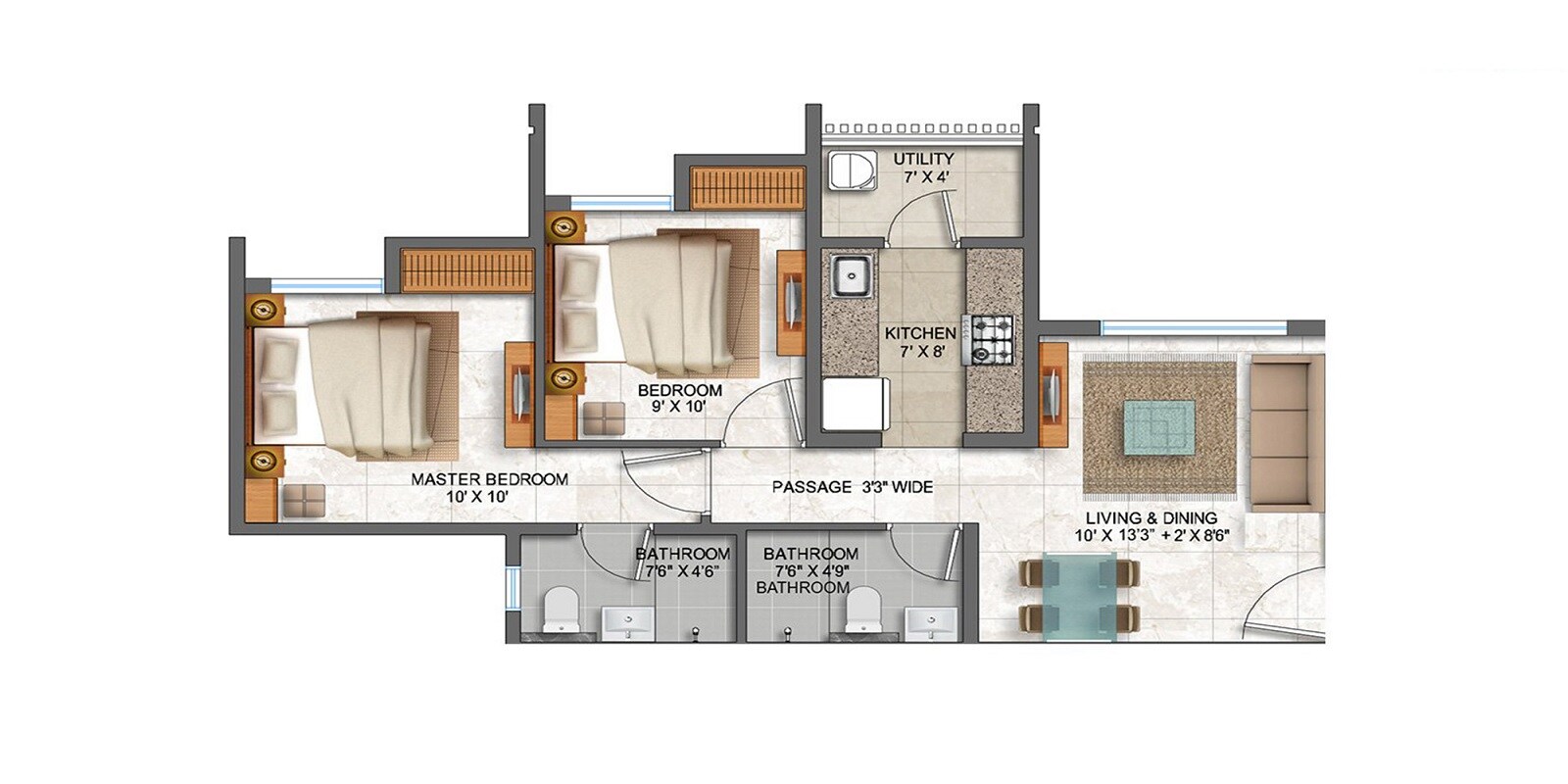 Floor plan of 2 BHK 607 Sq. Ft. Apartment in Lodha Prime Square, Thane