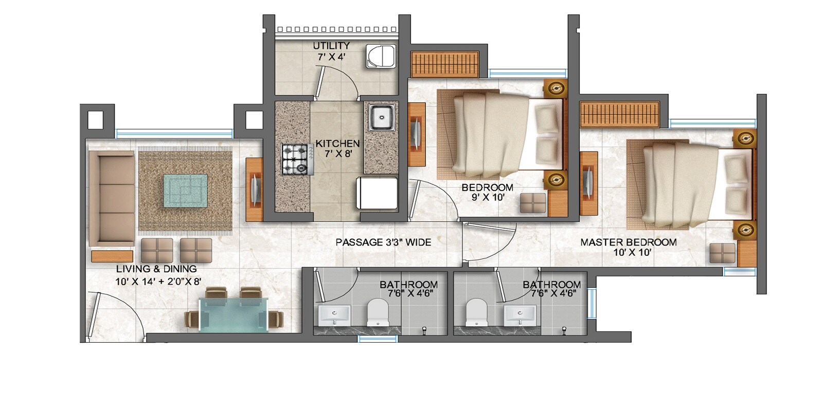 Floor plan of 2 BHK 583 Sq. Ft. Apartment in Lodha Prime Square, Thane