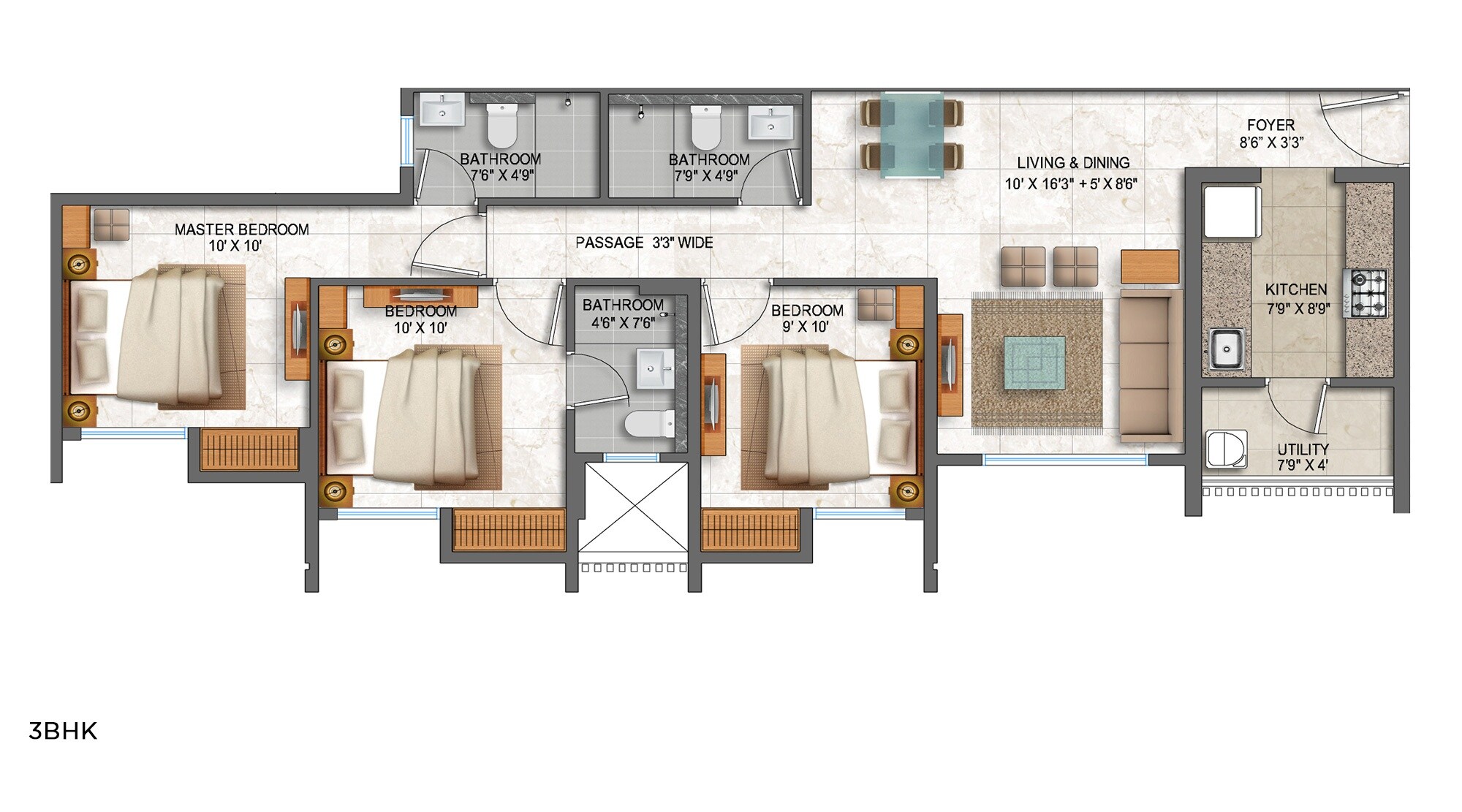 Floor plan of 3 BHK 873 Sq. Ft. Apartment in Lodha Prime Square, Thane
