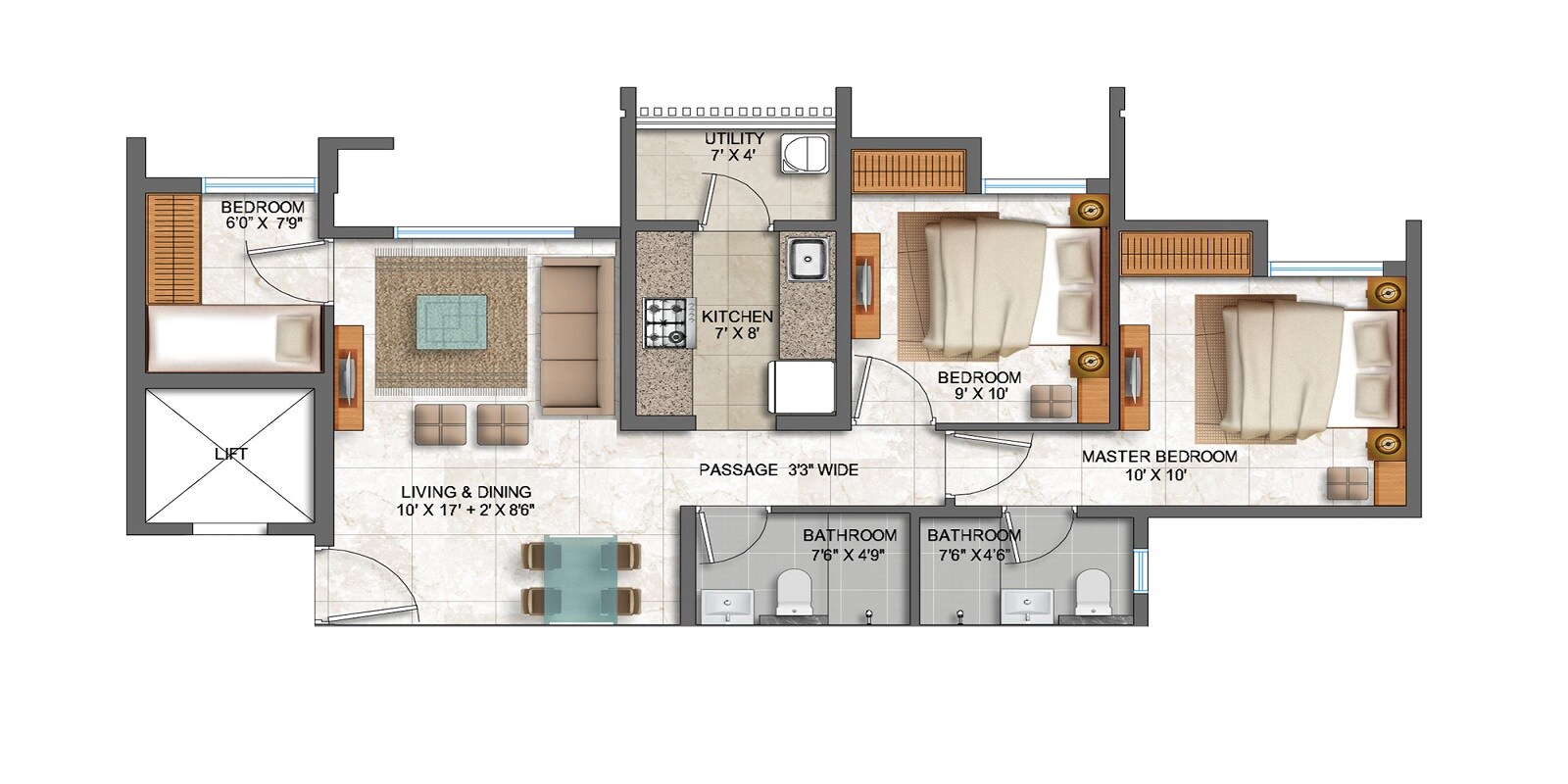 Floor plan of 3 BHK 675 Sq. Ft. Apartment in Lodha Prime Square, Thane