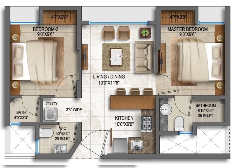 Floor plan of 2 BHK 475 Sq. Ft. Apartment in Lodha Quality Home Tower 2, Thane
