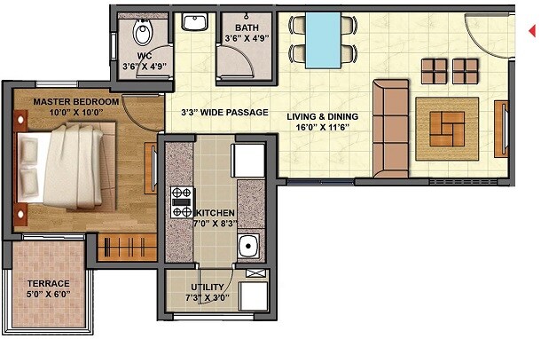 Floor plan of 1 BHK 496 Sq. Ft. Apartment in Lodha Regalia, Thane