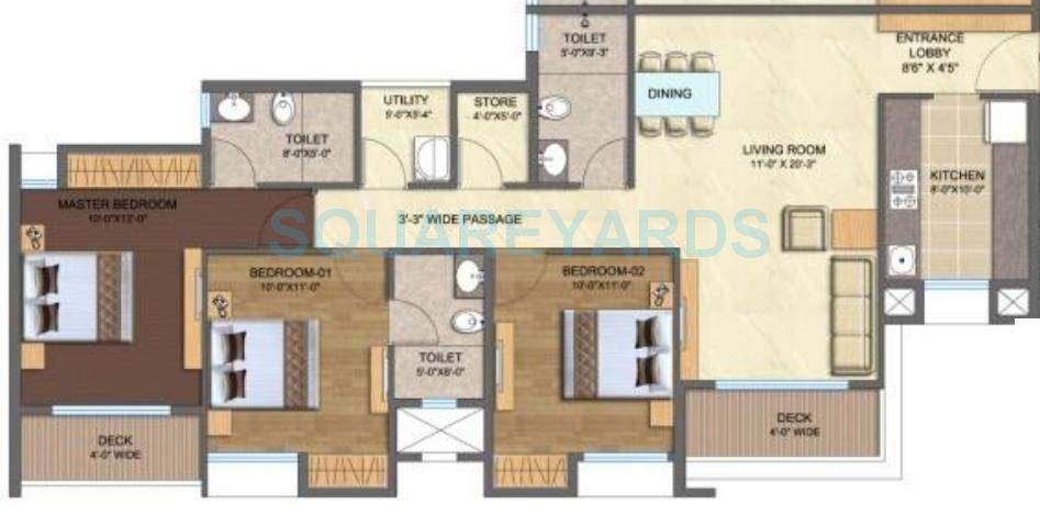 Floor plan of 3 BHK 805 Sq. Ft. Apartment in Lodha Splendora, Thane