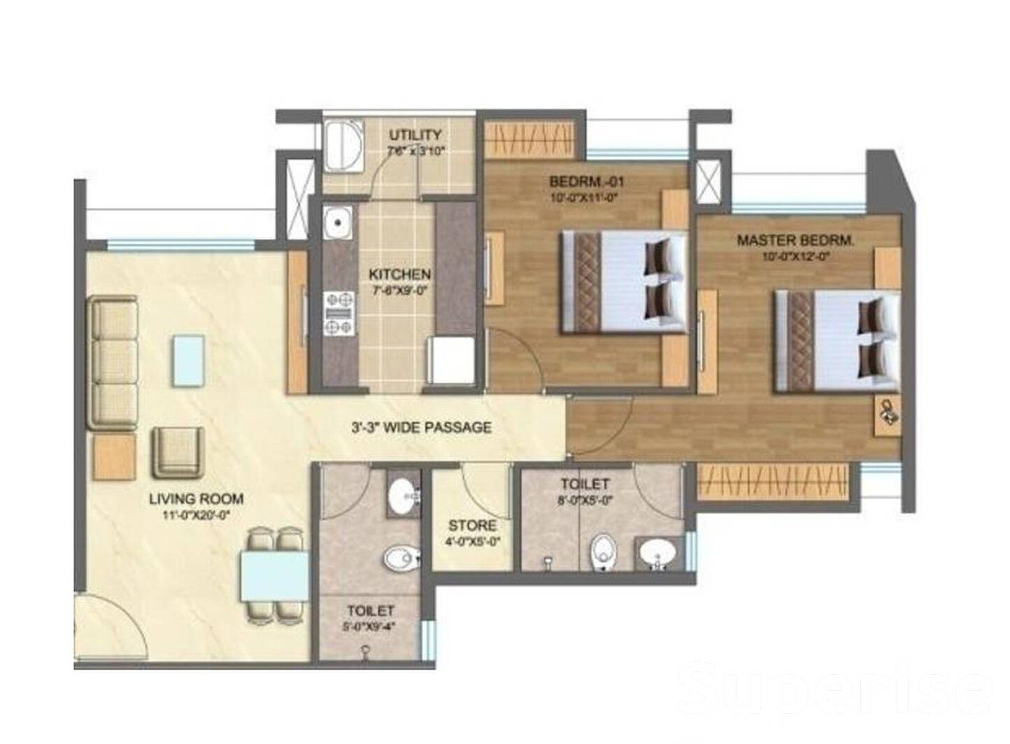 Floor plan of 2 BHK 750 Sq. Ft. Apartment in Lodha Splendora Phase II, Thane