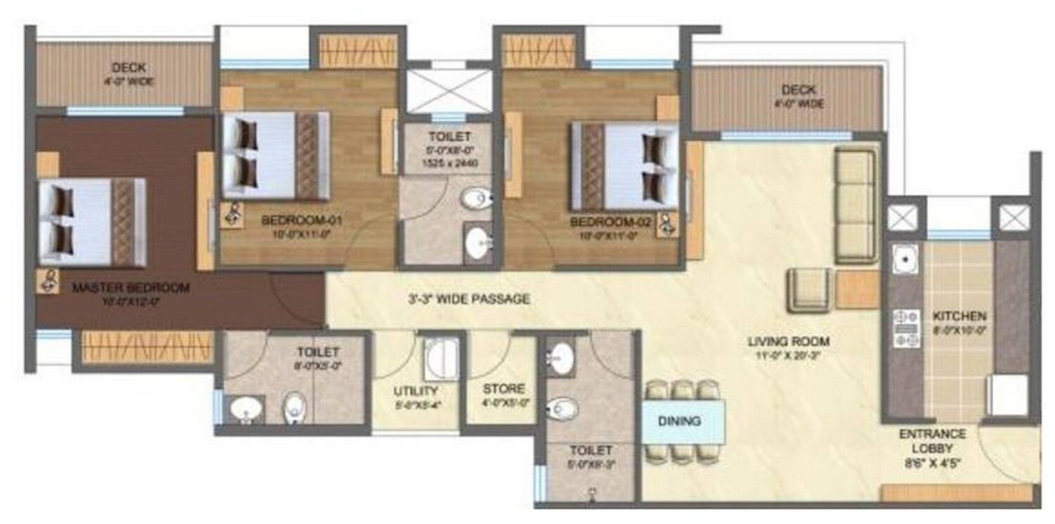 Floor plan of 3 BHK 1082 Sq. Ft. Apartment in Lodha Splendora Phase II, Thane