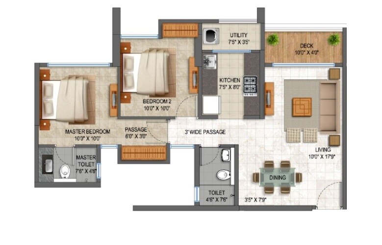 Floor plan of 3 BHK 871 Sq. Ft. Apartment in Lodha Splendora Platino, Thane