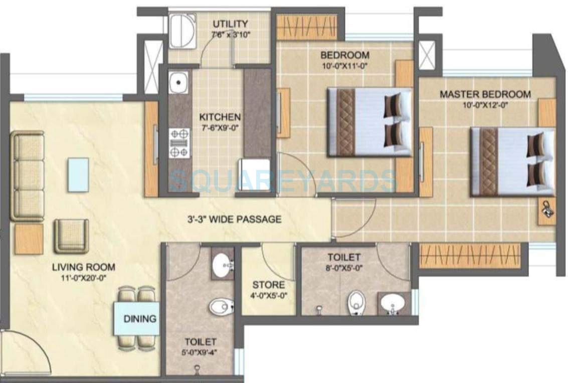 Floor plan of 2 BHK 1026 Sq. Ft. Apartment in Lodha Splendora Tierra, Thane