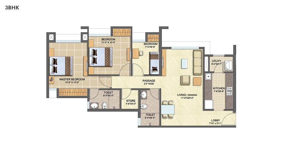 Floor plan of 3 BHK 1170 Sq. Ft. Apartment in Lodha Splendora Tierra, Thane