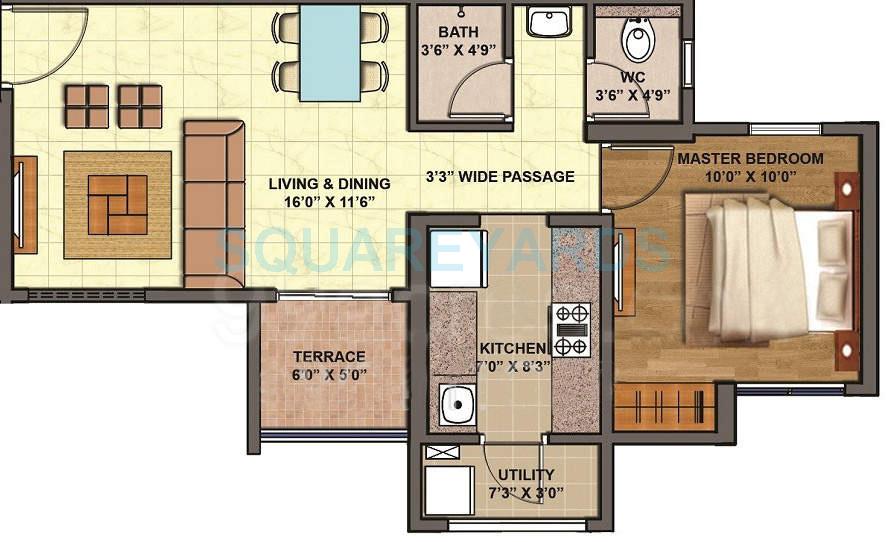 Floor plan of 1 BHK 855 Sq. Ft. Apartment in Lodha The Centre, Thane