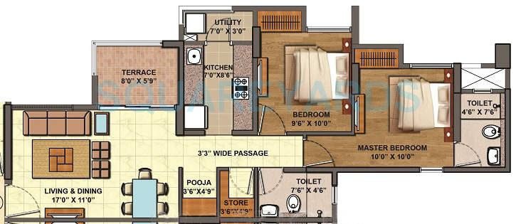 Floor plan of 2 BHK 1125 Sq. Ft. Apartment in Lodha The Centre, Thane