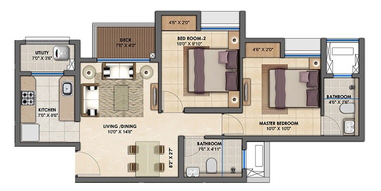 Floor plan of 2 BHK 665 Sq. Ft. Apartment in Lodha Upper Thane Ecopolis A, Thane