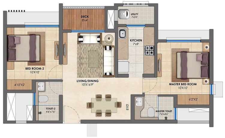 Floor plan of 2 BHK 703 Sq. Ft. Apartment in Lodha Upper Thane Maple A And B, Thane