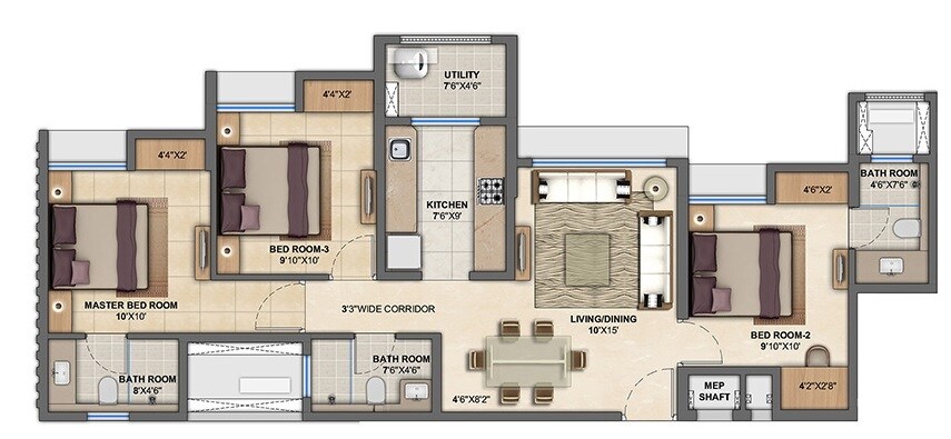 3 BHK 1005 Sq. Ft. Apartment