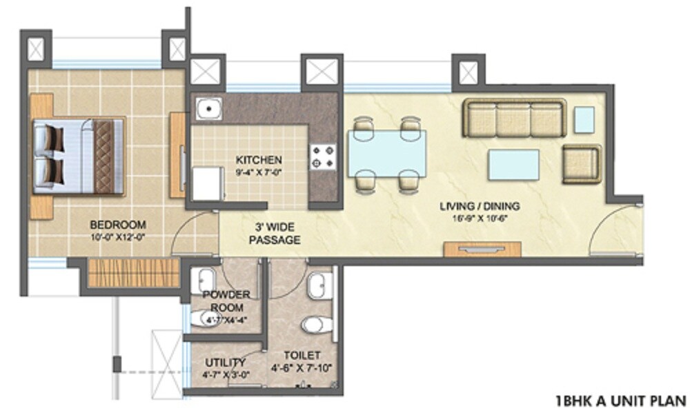 Floor plan of 1 BHK 720 Sq. Ft. Apartment in Lodha Vivant, Thane