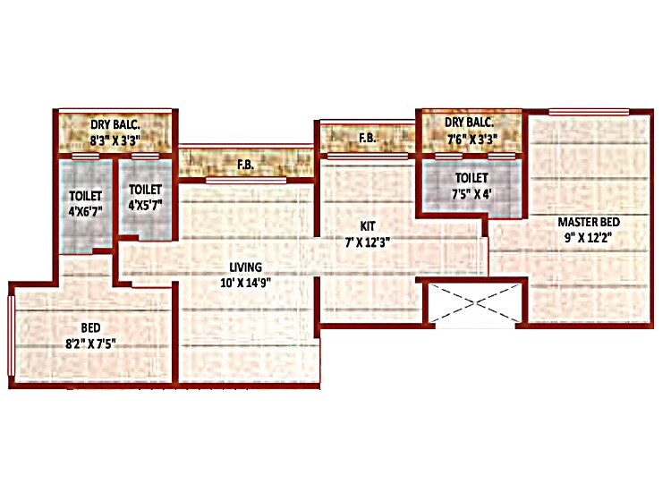 Floor plan of 2 BHK 675 Sq. Ft. Apartment in Lotu Aai Darshan, Thane