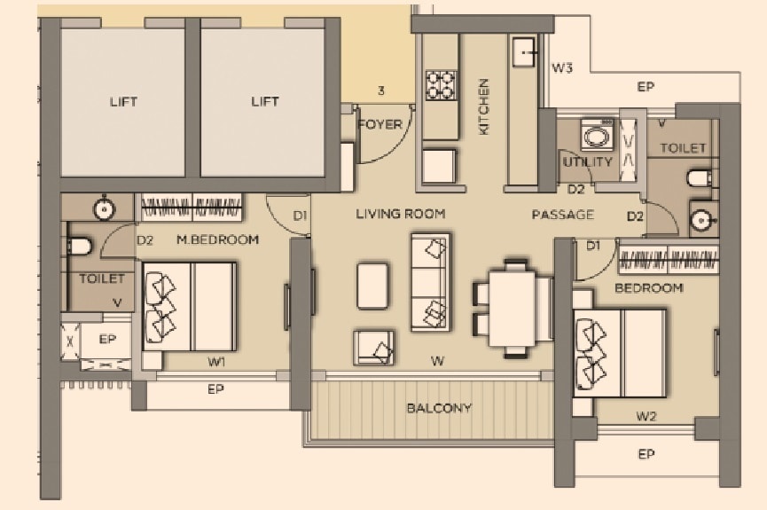 Floor plan of 2 BHK 631 Sq. Ft. Apartment in Luxora Crystal Antara, Thane