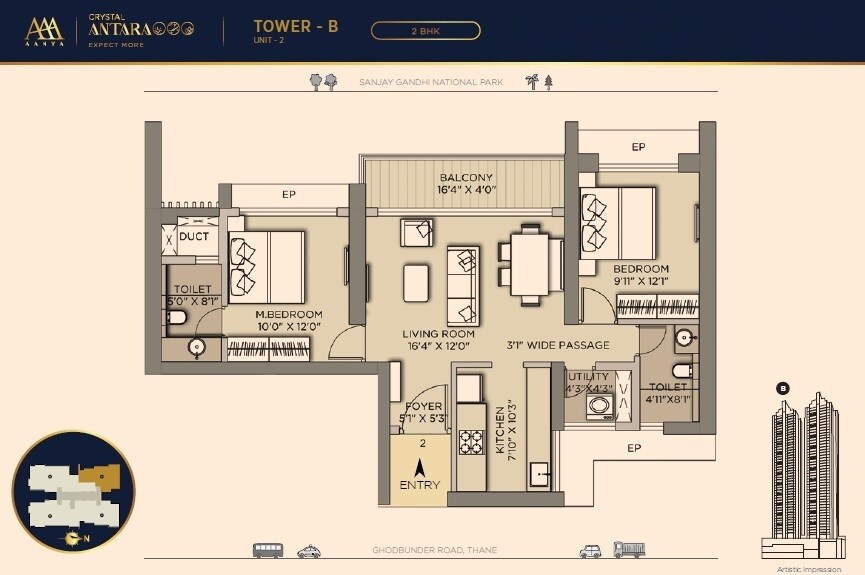 Floor plan of 2 BHK 787 Sq. Ft. Apartment in Luxora Crystal Antara, Thane