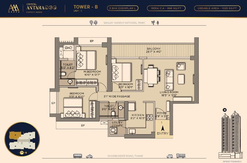 Floor plan of 3 BHK 1025 Sq. Ft. Apartment in Luxora Crystal Antara, Thane